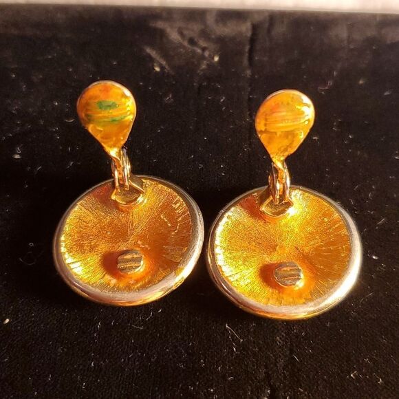 Vintage Monet Clip-On Round Goldtone & Black Enamel Concentric Design Earrings - Picture 2 of 5